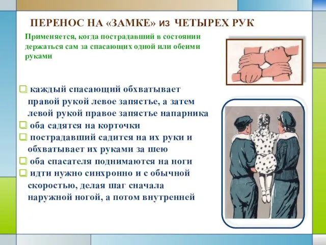 Применяется, когда пострадавший в состоянии держаться сам за спасающих одной или обеими руками