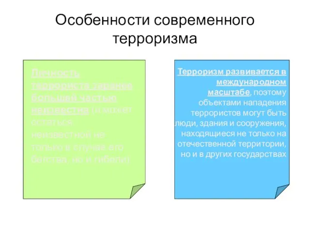 Особенности современного терроризма Личность террориста заранее большей частью неизвестна (и