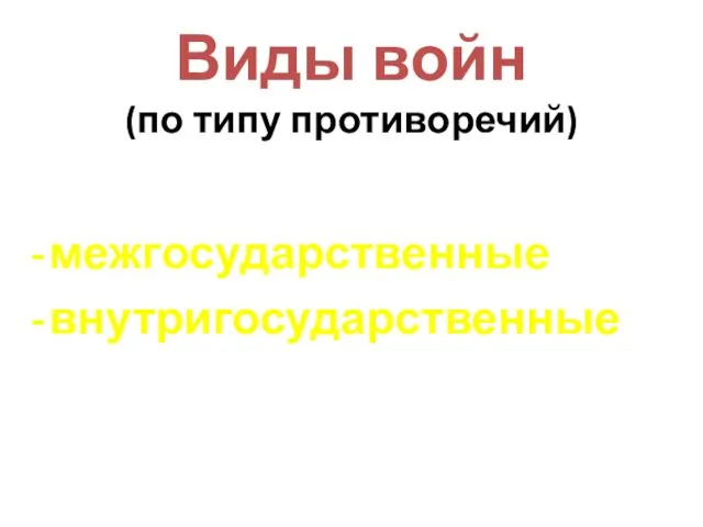 Виды войн (по типу противоречий) межгосударственные внутригосударственные