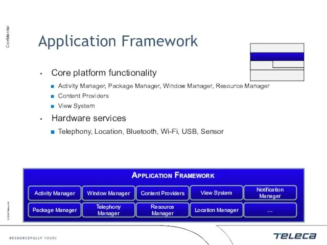 Application Framework Core platform functionality Activity Manager, Package Manager, Window