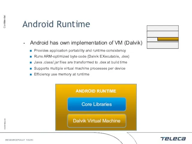 Android Runtime Android has own implementation of VM (Dalvik) Provides