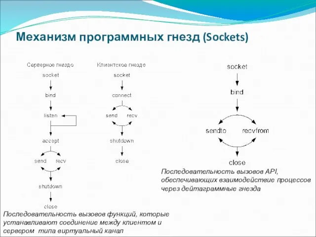 Механизм программных гнезд (Sockets) Последовательность вызовов функций, которые устанавливают соединение между клиентом и