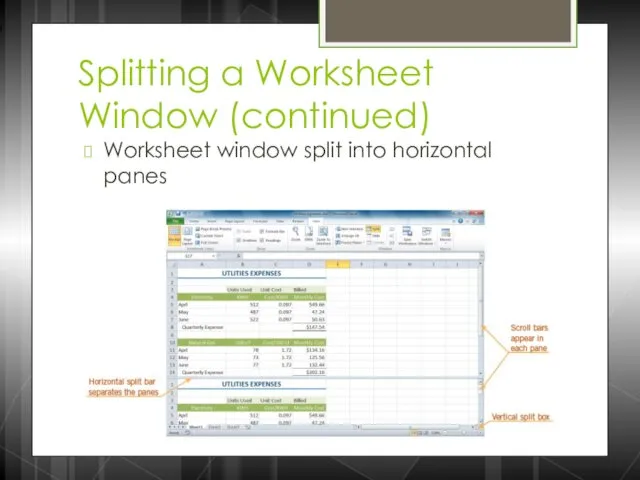 Splitting a Worksheet Window (continued) Worksheet window split into horizontal panes