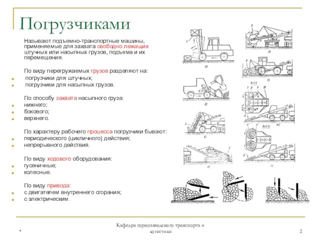 * Кафедра горнозаводского транспорта и логистики Погрузчиками Называют подъемно-транспортные машины,