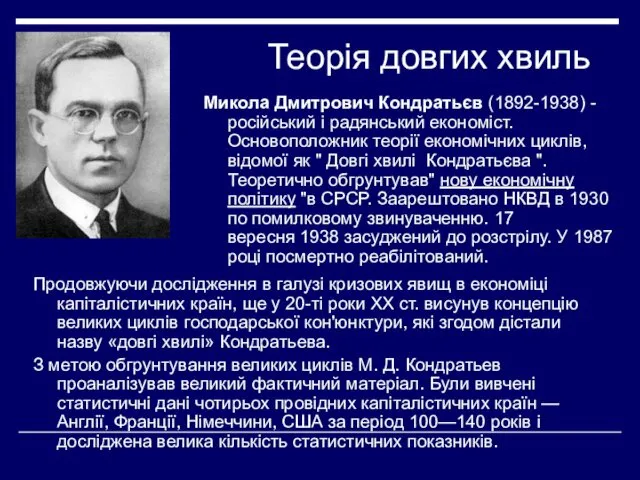 Теорія довгих хвиль Микола Дмитрович Кондратьєв (1892-1938) - російський і