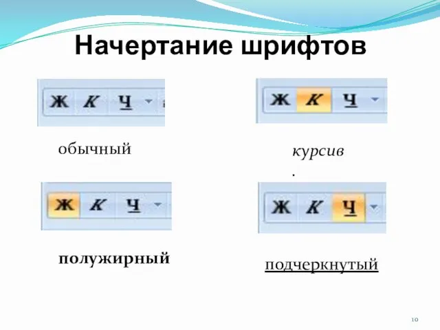 Начертание шрифтов обычный полужирный подчеркнутый курсив.