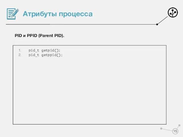Атрибуты процесса PID и PPID (Parent PID). pid_t getpid(); pid_t getppid();