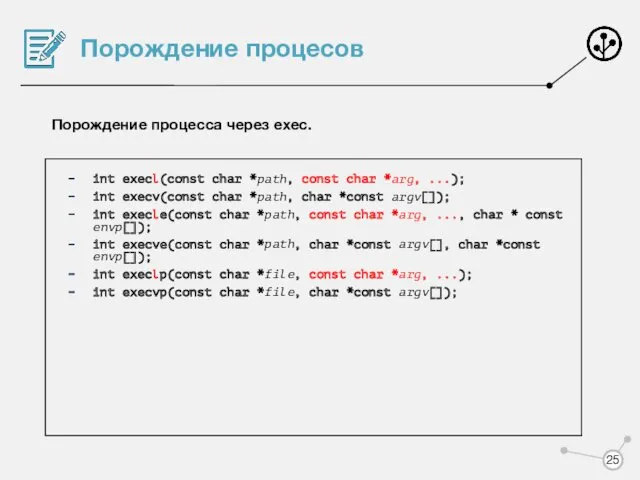 Порождение процесов Порождение процесса через exec. int execl(const char *path,