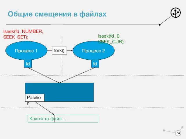 Общие смещения в файлах Какой-то файл… Процесс 1 fd Процесс