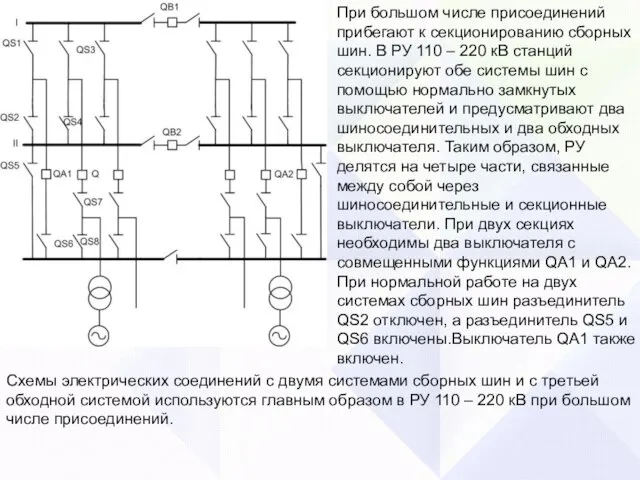 При большом числе присоединений прибегают к секционированию сборных шин. В