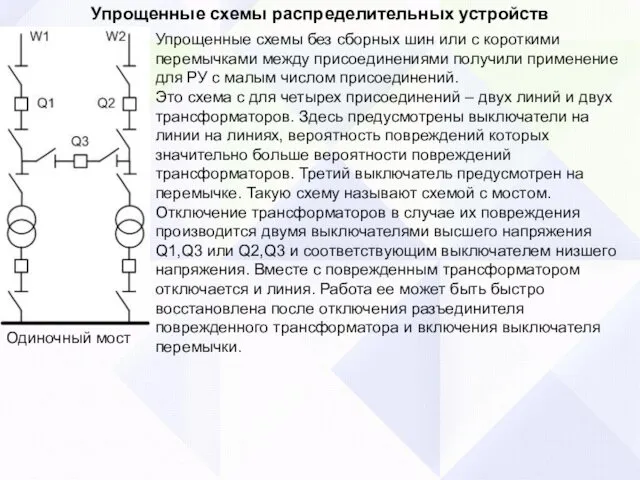 Упрощенные схемы распределительных устройств Одиночный мост Упрощенные схемы без сборных