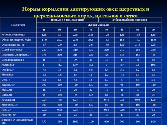 Нормы кормления лактирующих овец шерстных и шерстно-мясных пород, на голову в сутки