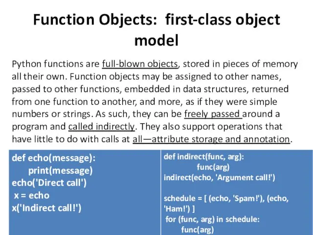 Function Objects: first-class object model Python functions are full-blown objects,