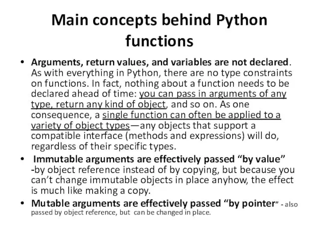 Main concepts behind Python functions Arguments, return values, and variables