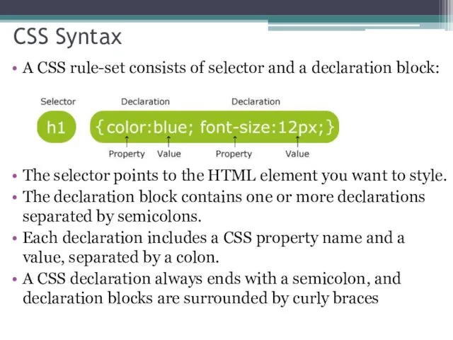 CSS Syntax A CSS rule-set consists of selector and a