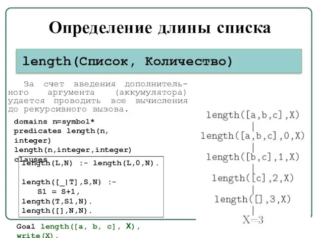 Определение длины списка length(L,N) :- length(L,0,N). length([_|T],S,N) :- S1 =