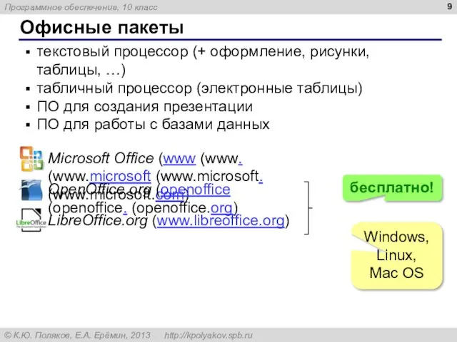 Офисные пакеты текстовый процессор (+ оформление, рисунки, таблицы, …) табличный