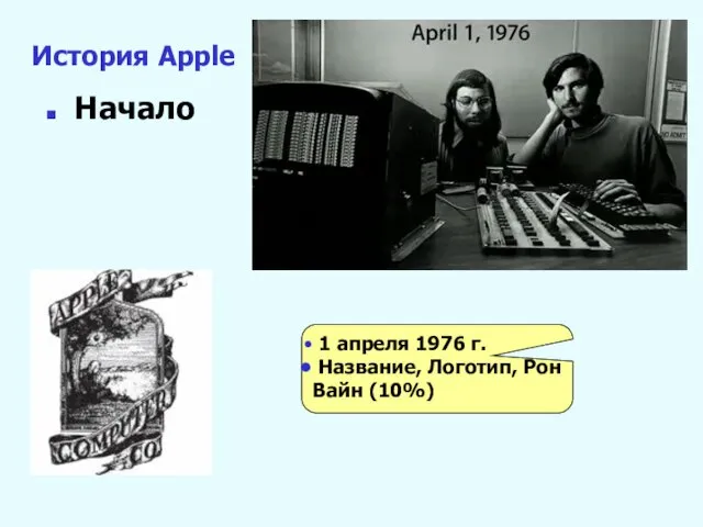 История Apple Начало 1 апреля 1976 г. Название, Логотип, Рон Вайн (10%)