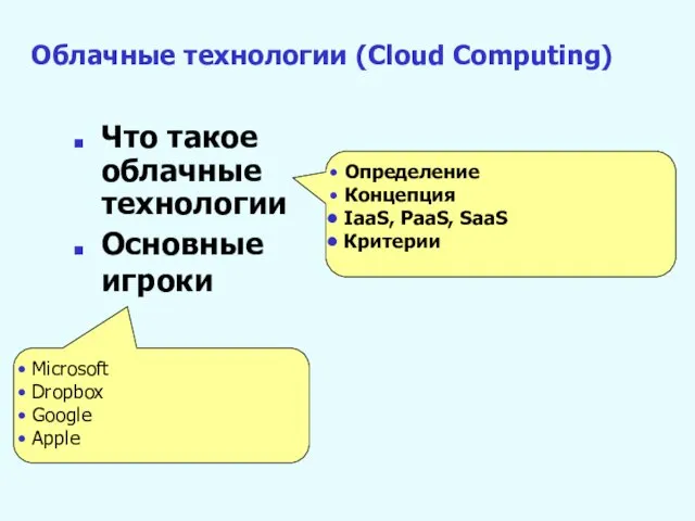 Облачные технологии (Cloud Computing) Что такое облачные технологии Основные игроки