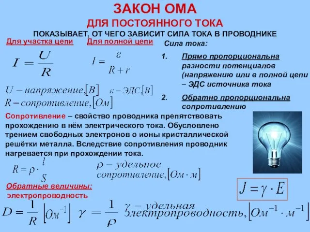 ЗАКОН ОМА ДЛЯ ПОСТОЯННОГО ТОКА ПОКАЗЫВАЕТ, ОТ ЧЕГО ЗАВИСИТ СИЛА