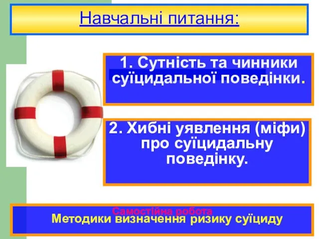 Самостійна робота Методики визначення ризику суїциду Навчальні питання: 2. Хибні