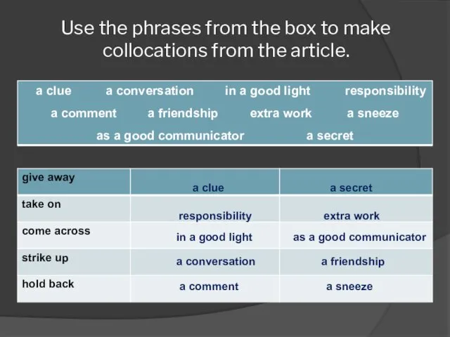 Use the phrases from the box to make collocations from