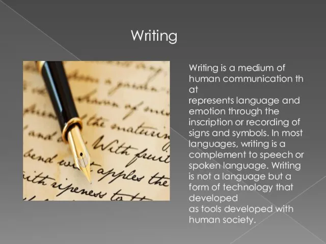 Writing Writing is a medium of human communication that represents language and emotion
