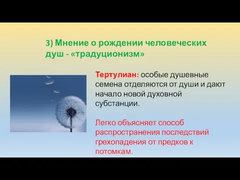 3) Мнение о рождении человеческих душ - «традуционизм» Тертулиан: особые