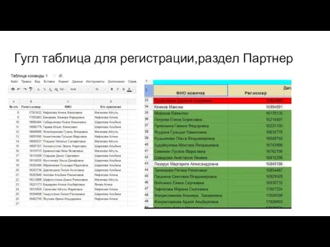 Гугл таблица для регистрации,раздел Партнер