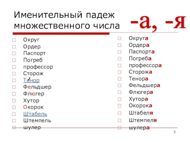 Именительный падеж множественного числа Округа Ордера Паспорта Погреба профессора Сторожа