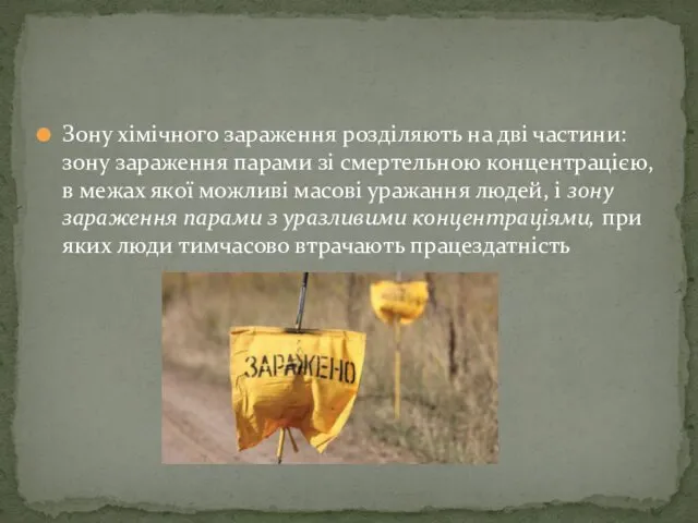 Зону хімічного зараження розділяють на дві частини: зону зараження парами