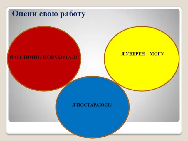 Оцени свою работу Я УВЕРЕН – МОГУ ЛУЧШЕ! Я ОТЛИЧНО ПОРАБОТАЛ! Я ПОСТАРАЮСЬ!