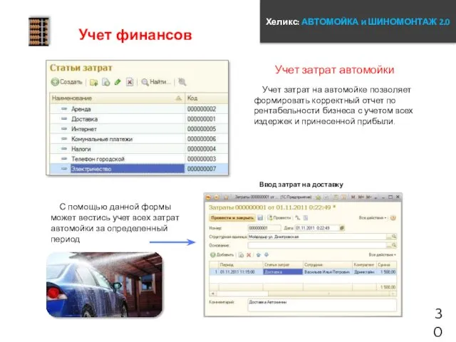 Хеликс: АВТОМОЙКА и ШИНОМОНТАЖ 2.0 30 Учет затрат автомойки Учет