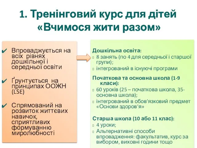 1. Тренінговий курс для дітей «Вчимося жити разом» Впроваджується на