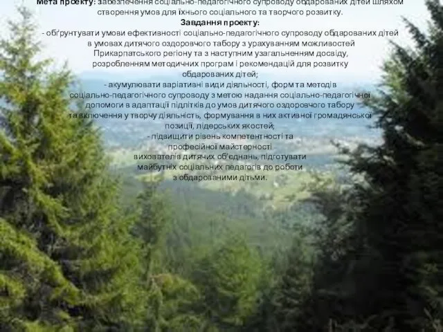 Мета проекту: забезпечення соціально-педагогічного супроводу обдарованих дітей шляхом створення умов