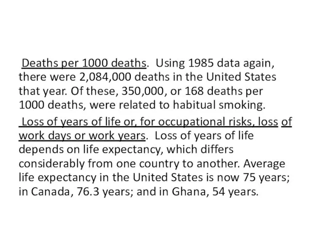 Deaths per 1000 deaths. Using 1985 data again, there were