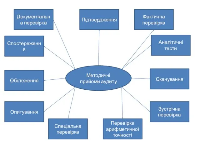 Методичні прийоми аудиту Документальна перевірка Спеціальна перевірка Спостереження Аналітичні тести