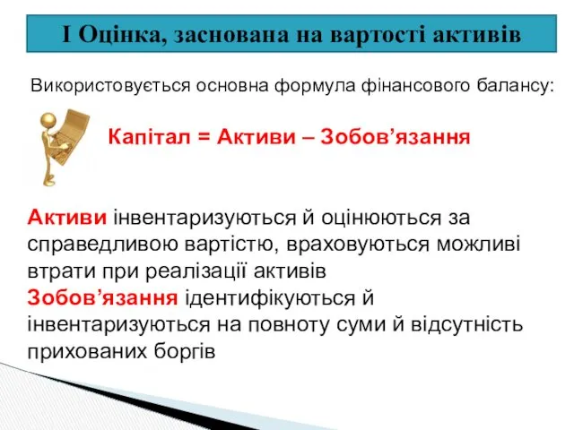 I Оцінка, заснована на вартості активів Використовується основна формула фінансового