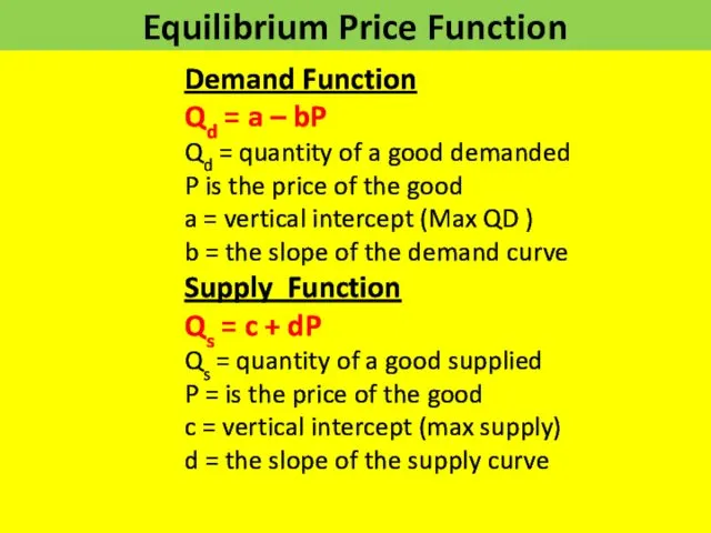 Equilibrium Price Function Demand Function Qd = a – bP Qd = quantity