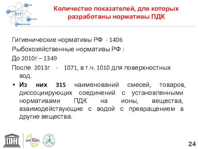 Количество показателей, для которых разработаны нормативы ПДК Гигиенические нормативы РФ