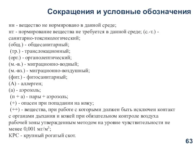 Сокращения и условные обозначения нн - вещество не нормировано в