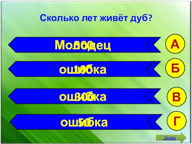 Сколько лет живёт дуб? ошибка ошибка ошибка А Б В