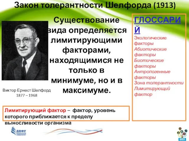 Закон толерантности Шелфорда (1913) Существование вида определяется лимитирующими факторами, находящимися