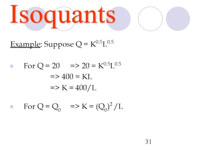 Isoquants Example: Suppose Q = K0.5L0.5 For Q = 20