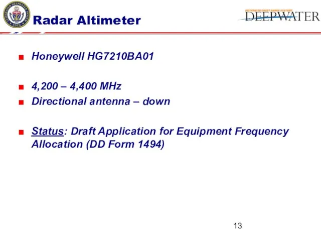 Radar Altimeter Honeywell HG7210BA01 4,200 – 4,400 MHz Directional antenna – down Status: