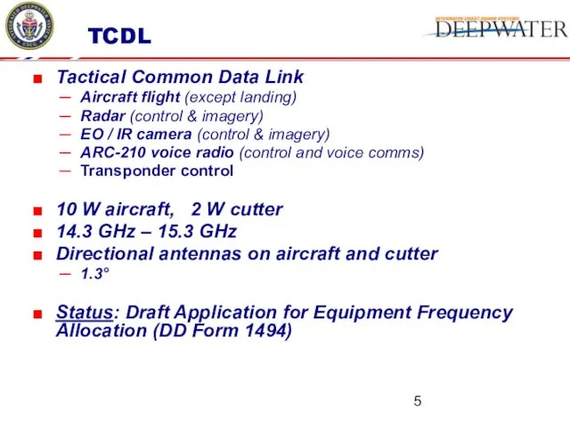 TCDL Tactical Common Data Link Aircraft flight (except landing) Radar (control & imagery)