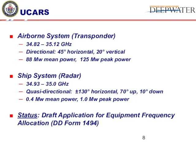 UCARS Airborne System (Transponder) 34.82 – 35.12 GHz Directional: 45° horizontal, 20° vertical