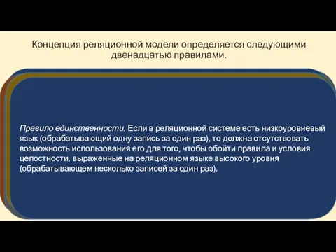 Концепция реляционной модели определяется следующими двенадцатью правилами. Правило информации. Вся