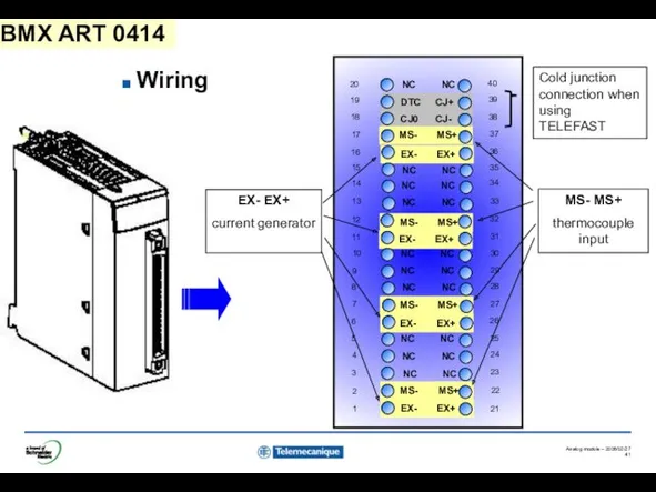 Cold junction connection when using TELEFAST MS- MS+ thermocouple input