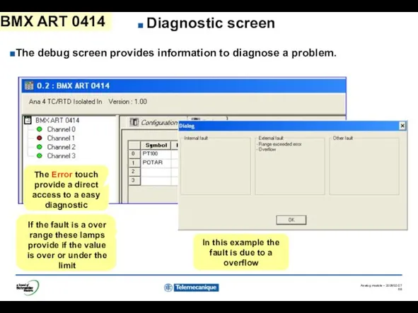 BMX ART 0414 Diagnostic screen The debug screen provides information to diagnose a problem.